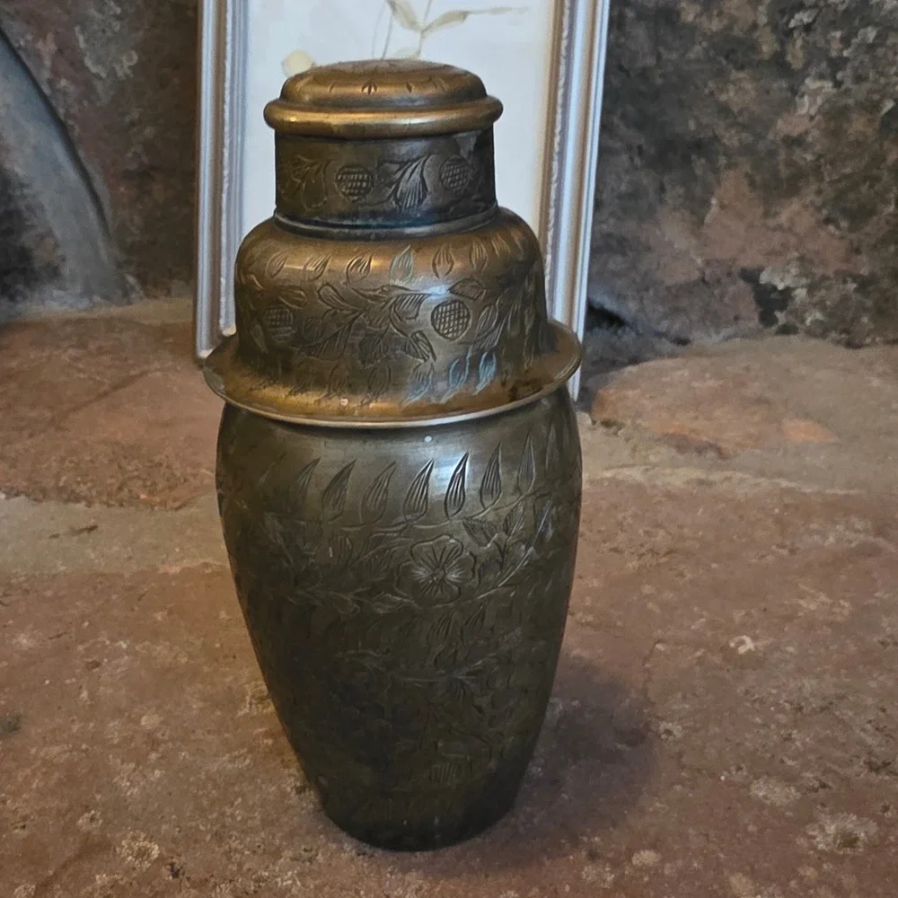 Vintage Etched Brass Martini Shaker Floral Hand Engraved 3 Piece Cobbler Shaker